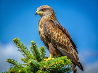 Obraz premium Majestic black kite perches on a fir tree branch, its dark silhouette contrasting against a brilliant clear blue summer sky with a few wispy clouds.