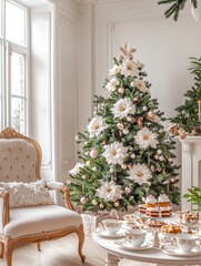 A beautifully adorned Christmas tree stands beside a cozy armchair, while a table features seasonal treats and decorations.