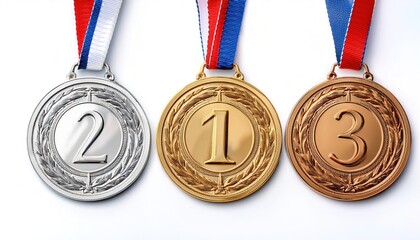 Gold 1, silver 2 and bronze 3 medal. isolated on white background with copy space.  Top 3 first, second and third place finishers in a race, marathon or Olympic competition event