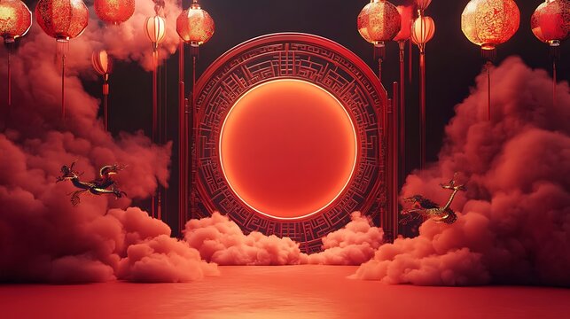Decorative Chinese backdrop with a circular frame, lanterns, and festive clouds against a red background