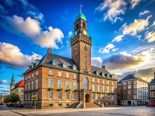 Obraz premium Majestic City Hall of Aarhus stands tall with its iconic clock tower, bathed in warm sunlight on a clear blue sky with few white clouds.