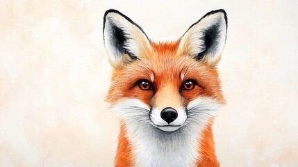 Fototapeta premium Red fox cub, a young, wild animal, with white fur and cute face, isolated against a dark background