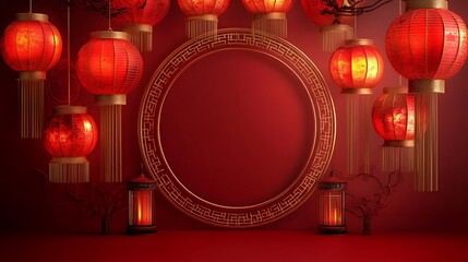 Elegant Chinese festival background with a circular frame and red lanterns