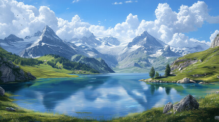 realistic nature landscape painting of blue lake mountains and nature