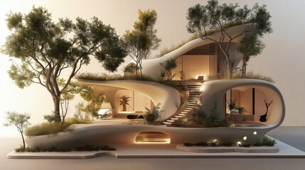 Fototapeta premium Modern, organic architecture with curved walls and integrated greenery.