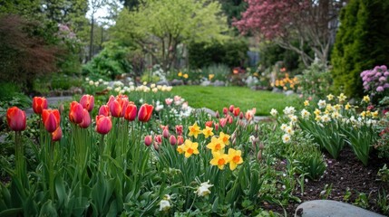 A vibrant garden with tulips and daffodils in full bloom, showcasing the rich colors of springtime