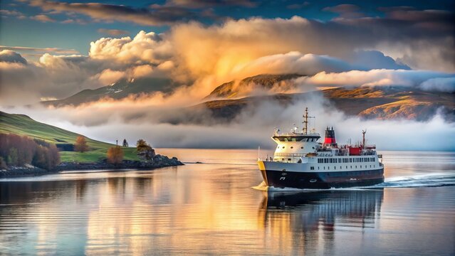 Majestic Glen Sannox ferry navigates Firth of Clyde on its inaugural sea trials near Ardmore Peninsula, Scotland, amidst misty winter morning backdrop.