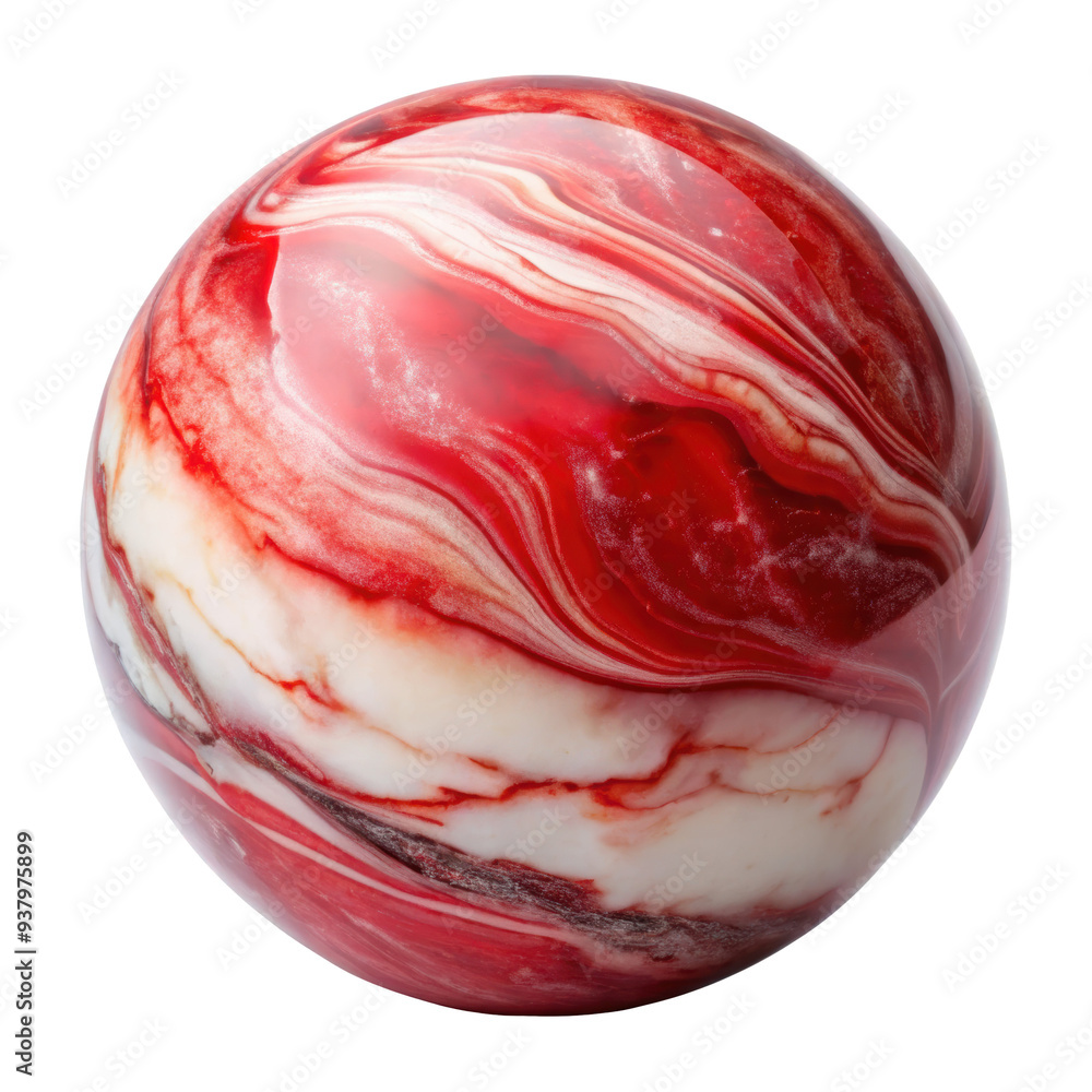 Poster red and white sphere with a bold swirling texture, featuring dynamic marble patterns. the contrastin