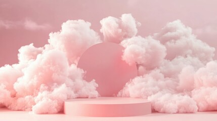 Professional photo Peazch Fuz - Color trend 2024. Pink color 3D rendering with podium and minimal cloud stage, minimal background for product display. Stage 3D rendering on product cloud platform