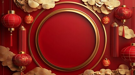 Traditional red and gold background featuring a circular frame, festive lanterns, and decorative clouds