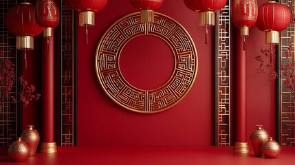 Chinese-inspired backdrop featuring a circular golden frame and festive lanterns against a red background