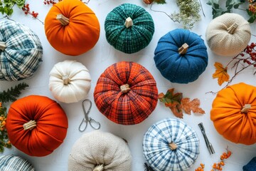Decorative pumpkins in various colors and textures are artfully arranged on a table surrounded by autumn leaves and crafting tools.