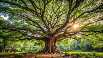 Obraz premium Majestic rosewood tree stands tall in a lush forest, its rich brown trunk and branches adorned with vibrant green leaves, exuding serenity and beauty.