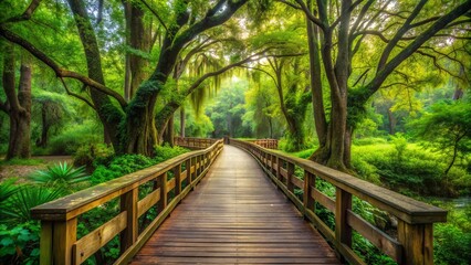 Fototapeta premium Majestic serenity unfolds as a weathered wooden walkway meanders peacefully through a vibrant tapestry of lush green foliage and towering trees in harmony.