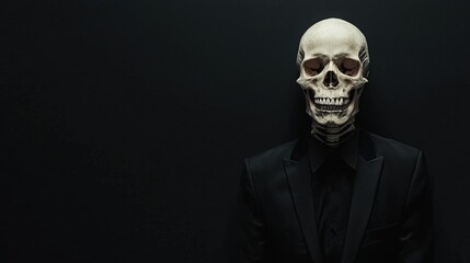 Shadowed skeleton in a tuxedo, shadow cast as a ghostly figure at a formal event