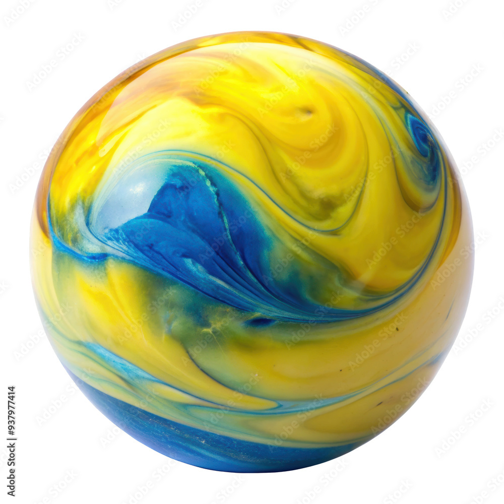 Poster yellow and blue sphere with a dynamic swirling design, featuring vibrant colors and fluid patterns. 