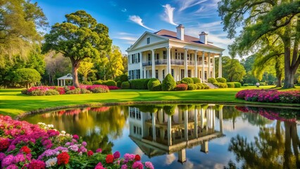 Obraz premium Majestic white-columned antebellum mansion with lush green lawn, blooming flowers, and tranquil pond, surrounded by tall trees and a warm sunny sky.