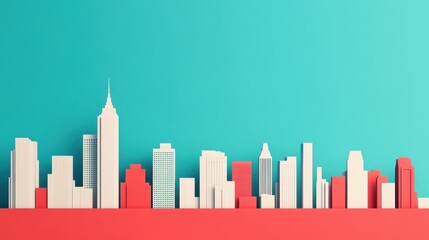 Obraz premium A simple and modern depiction of a city skyline, featuring white and red buildings against a turquoise background in a minimalistic style. 