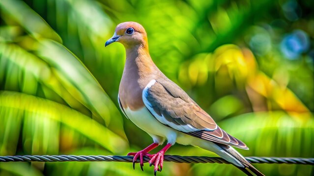 Majestic white-winged dove with iridescent feathers perches confidently on a power line, set against a lush green background in a serene Jamaican landscape.