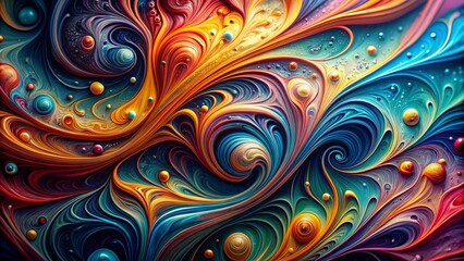 Mesmerizing close-up of vibrant, swirling water marbling design featuring intricate patterns and colorful tendrils unfolding in a hypnotic dance on a dark background.