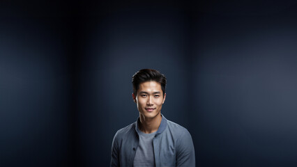 Confident and charismatic Korean man with a warm smile and natural beauty. Brunette hair and flawless skin complement his captivating gaze. Studio shot with copy space, perfect for beauty and fashion