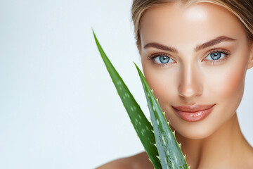 Naklejka premium Woman with moisturized skin against the background of aloe Vera leaves, sale cosmetic products , organic plant soothes, regenerates and rejuvenates the skin, care for youth every day