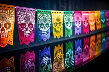 Glossy Papel Picado with Reflective Sugar Skulls concept as A wide shot of glossy papel picado banners with reflective sugar skulls hanging beneath them set against a dark glossy background emphasizin