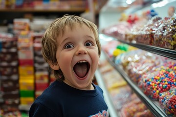Excited child with wide eyes and mouth open in a candy store.