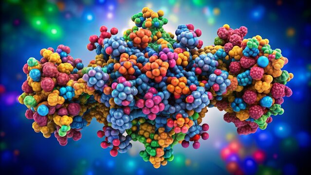 Microscopic view of PCSK9 protein molecule, a key enzyme involved in cholesterol regulation, rendered in 3D, with colorful atoms and molecular structures visible.