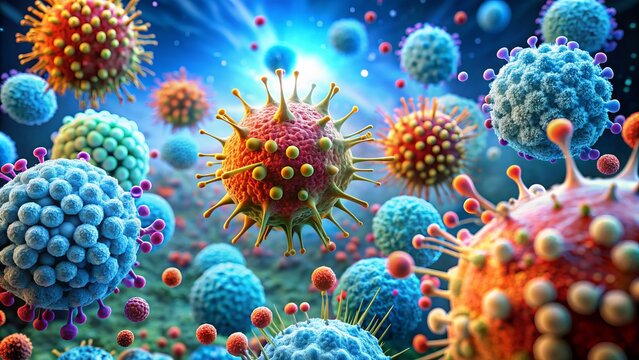 Microscopic view of immune cells, such as neutrophils and macrophages, responding to inflammatory stimulus, releasing cytokines and chemokines to combat infection or tissue damage.
