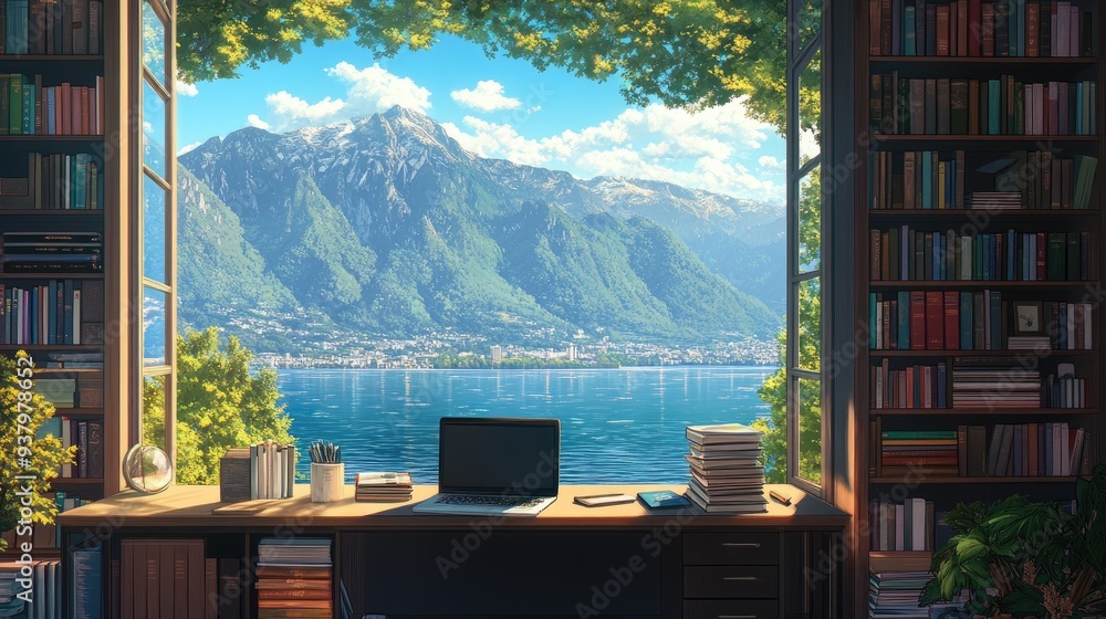 Poster anime-style workspace scene with a large window overlooking a tranquil lake and distant mountains. a