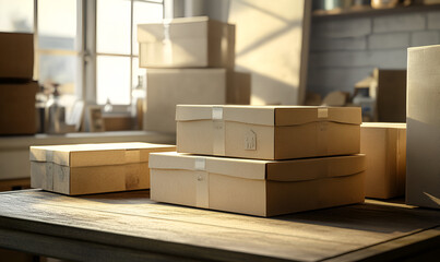 Female warehouse worker or seller packing e-commerce shipping order box seen from above the table, Ai