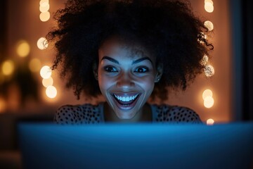 Happy woman using laptop with warm lights in background.