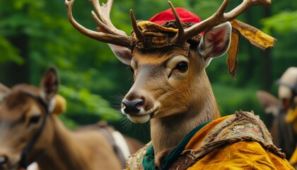 Whimsical Abstract Deer Portrait in Renaissance Attire: Creative Animal Illustration for Festive Invitations and Holiday Designs. AI-Generated Art Blending Fantasy and Elegance for Graphic Projects, U