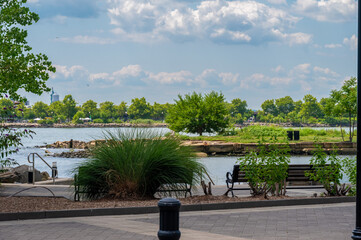 This photo showcases a tranquil riverside park in Jersey City, where lush greenery meets the calm...
