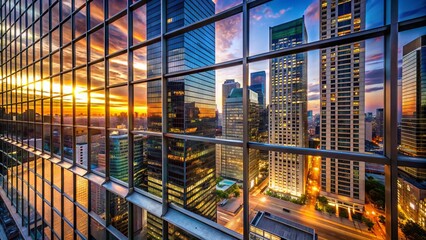 Modern high-rise building's sleek window reflection mirrors the bustling cityscape of towering skyscrapers, busy streets, and vibrant urban life at dusk.