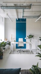 Modern Office Interiors: Bright Minimalist Workspaces With Sleek Furniture, Vibrant Blue Accents, And Elegant Executive Design, White And Blue Color On Open Space Room Office Interior Design.