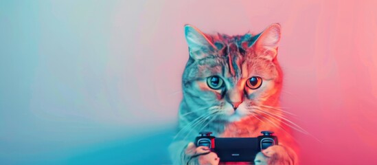Cat gamers with game pad controllers want to challenge the game. Neon Style. professional gaming cat concept