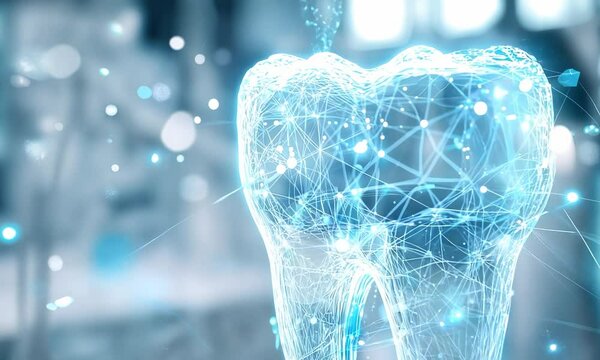 Video of a Futuristic dental technology concept, digital tooth hologram with data network connections. Advanced oral care, innovation in dentistry