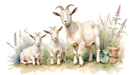 Obraz premium A Watercolor Portrait of a goat on the meadow