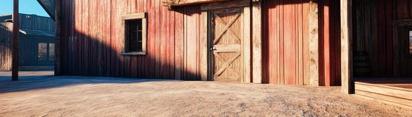 Old wooden building with a door and a window, in a desert environment.