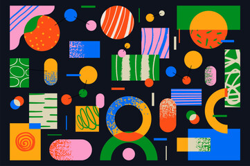 Fun colorful abstract background with geometry figure. Simple playful design with hand drawn overlay shapes