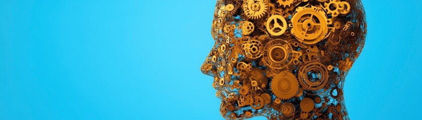 A human head made of interlocking gears on a blue background.