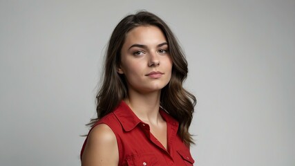 Fototapeta premium teen stunning brunette white woman with red shirt model portrait standing straight on a plain white background for ad concept space for text