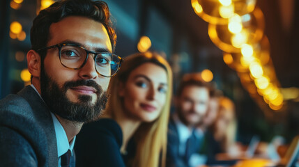 Obraz premium A group of professionals engaged in conversation at a stylish evening event, showcasing collaboration and modern networking.