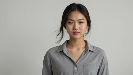 Fototapeta premium teen stunning brunette asian woman with gray shirt model portrait standing straight on a plain white background for ad concept space for text