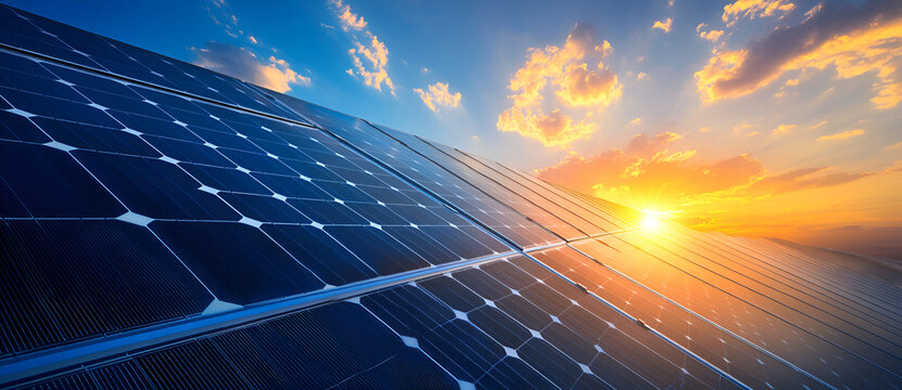 Renewable energy production concept with blue solar panels on residential roofs for clean electricity, Ai