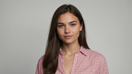 Fototapeta premium teen stunning brunette caucasian woman with pink shirt model portrait standing straight on a plain white background for ad concept space for text