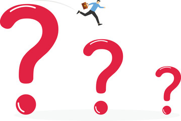 Businessman jumping from on smaller question mark. Reduced problem and questions. Modern vector illustration in flat style.

