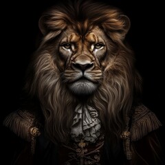 Naklejka premium Majestic Lion Portrait in Renaissance Attire: Whimsical Animal Illustration for Creative Marketing and Festive Designs. AI-Generated Art Blending Regal Elegance and Fantasy for Graphic Projects, UI, a